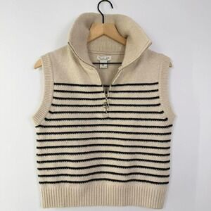 Rachel Zoe Striped Sweater Vest Cream Black Quarter Zip Knit Preppy